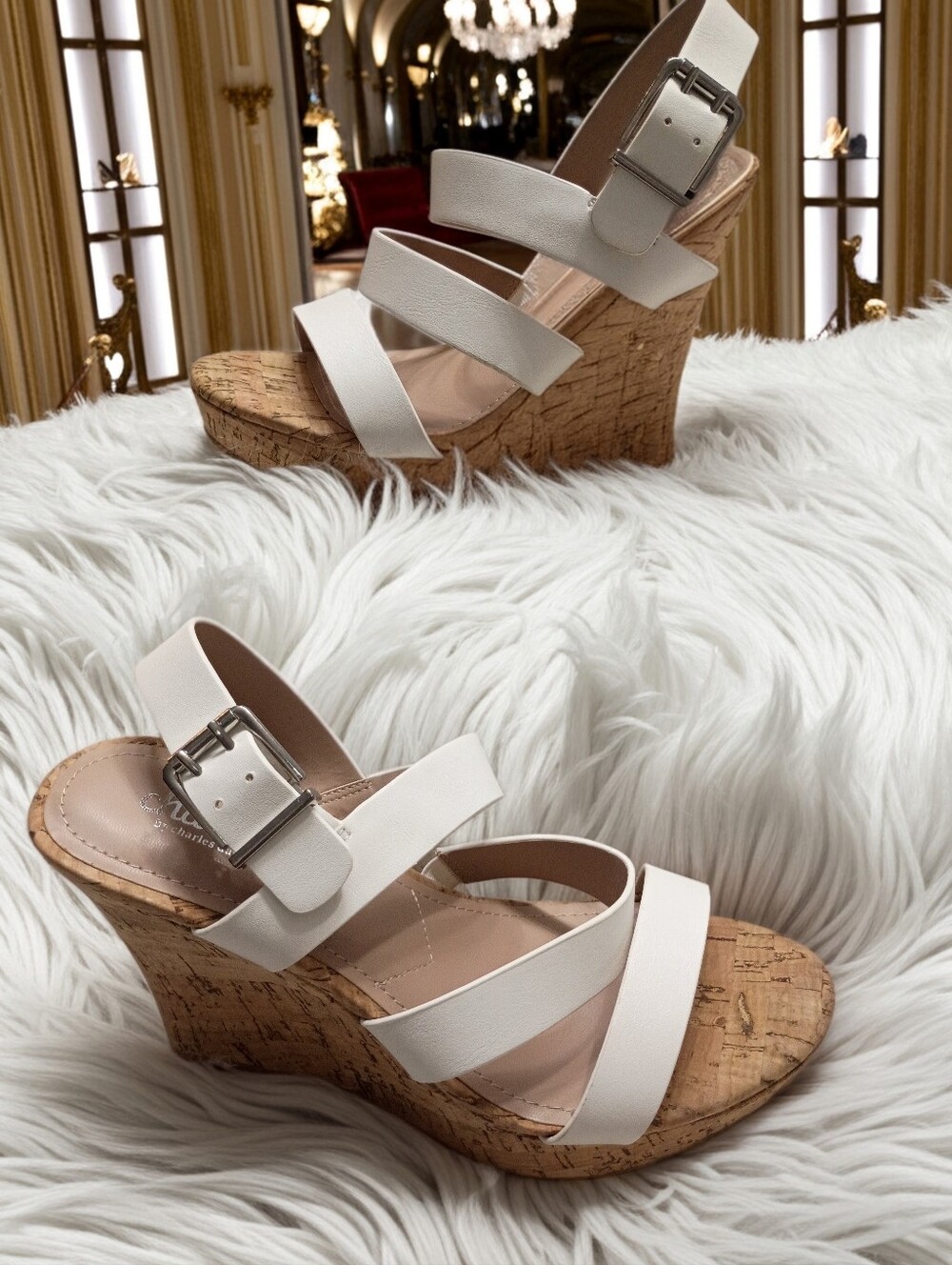 Charles By Charles Stanley Liber White Cork Wedge Sandals with Buckle Strap 7M